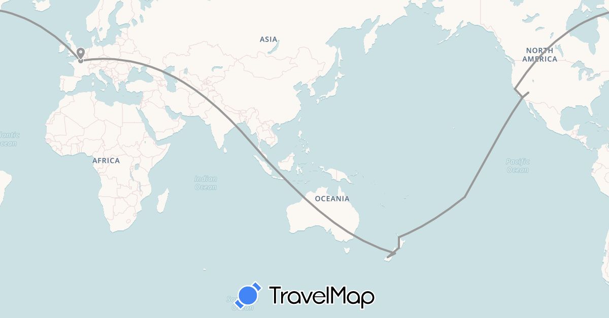 TravelMap itinerary: driving, plane in France, New Zealand, French Polynesia, Singapore, United States (Asia, Europe, North America, Oceania)